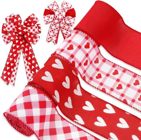 Whaline 4 Roll Valentine's Day Heart Wired Edge Ribbon Red Pink Plaid Love Heart Fabric Ribbons for Wreath Bow Making DIY Crafts Wrapping, 24 Yard in Saudi Arabia