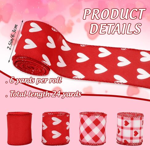 Whaline 4 Roll Valentine's Day Heart Wired Edge Ribbon Red Pink Plaid Love Heart Fabric Ribbons for Wreath Bow Making DIY Crafts Wrapping, 24 Yard in Saudi Arabia