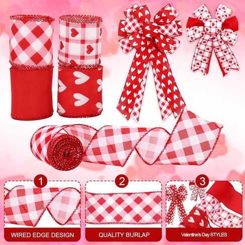 Whaline 4 Roll Valentine's Day Heart Wired Edge Ribbon Red Pink Plaid Love Heart Fabric Ribbons for Wreath Bow Making DIY Crafts Wrapping, 24 Yard in Saudi Arabia