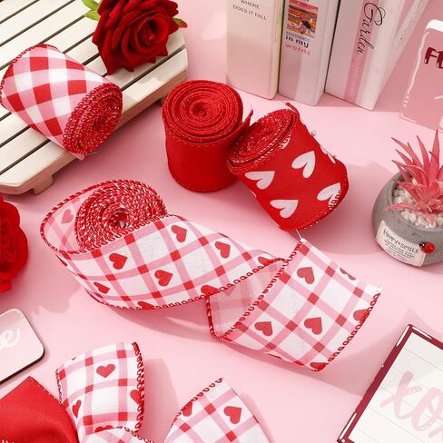 Whaline 4 Roll Valentine's Day Heart Wired Edge Ribbon Red Pink Plaid Love Heart Fabric Ribbons for Wreath Bow Making DIY Crafts Wrapping, 24 Yard in Saudi Arabia