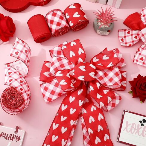 Whaline 4 Roll Valentine's Day Heart Wired Edge Ribbon Red Pink Plaid Love Heart Fabric Ribbons for Wreath Bow Making DIY Crafts Wrapping, 24 Yard in Saudi Arabia