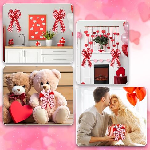 Whaline 4 Roll Valentine's Day Heart Wired Edge Ribbon Red Pink Plaid Love Heart Fabric Ribbons for Wreath Bow Making DIY Crafts Wrapping, 24 Yard in Saudi Arabia