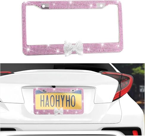 Bling Bow Car License Plate Frame, 2PCS Sparkly Rhinestone Vehicle License Plate Cover for Women Girls, Diamond Automotive Front Rear Number Tag Holder, Universal for SUV RV (Black/Red) in Saudi Arabia