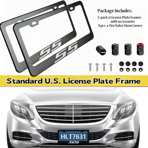 2Pack Matte Black Aluminum Alloy License Plate Covers Frames with 3D Embossed SS Compatible with Chevy Camaro SS Accessories(White-S) in Saudi Arabia