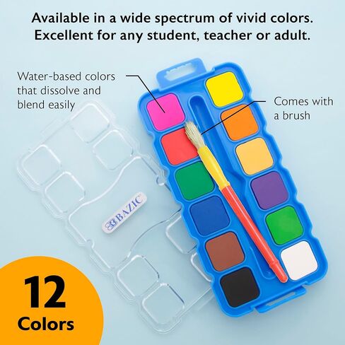 ألوان مائية من بازيك مع فرشاة ولوحة خلط، مجموعة طلاء غير سامة مكونة من 12 لونًا، من أجل اللوازم الفنية الممتعة للهوايات، لوحة نابضة بالحياة، هدية للفنانين الأطفال، عبوة واحدة in Kuwait
