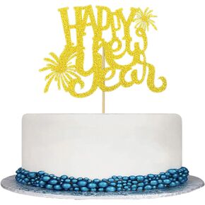 Happy New Year Cake Topper, Gold Glitter Cardstock with Fireworks Design in Saudi Arabia