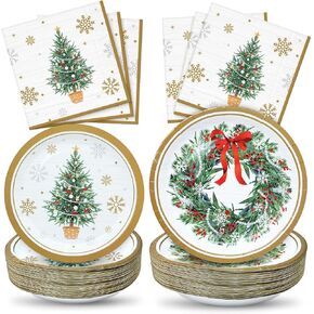 ZVK Christmas Paper Plates and Napkins Set 150 Party Dessert Plates, Dinner Plates, Paper Napkins Disposable Dinnerware for Christmas Party Supplies Green Xmas Tree Tableware in Kuwait