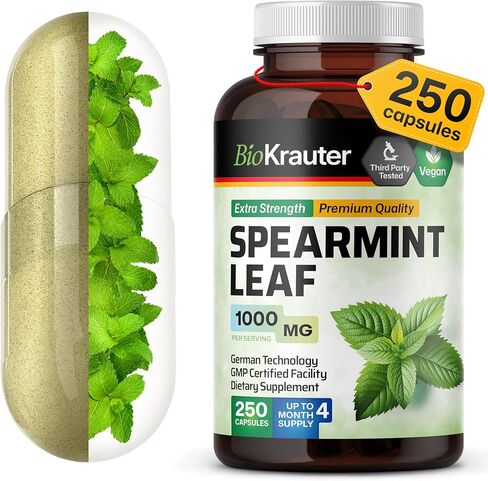 كبسولات النعناع 1000 مجم - 250 كبسولة شاي النعناع - مكمل نباتي للنعناع لصحة الجهاز الهضمي والجهاز التنفسي - مينثا سبيكاتا - بدون أغطية مستخلص النعناع in Kuwait