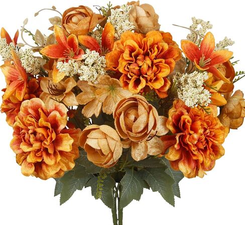 CISDUEO 2 Pcs Artificial Fall Flowers Bouquets 2 Colors Artificial Marigold Orange Autumn Silk Roses Flowers Fall Florals Stems Faux Flowers Arrangements for Cemetery Wedding Table Centerpieces Decor in Kuwait