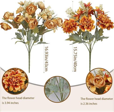 CISDUEO 2 Pcs Artificial Fall Flowers Bouquets 2 Colors Artificial Marigold Orange Autumn Silk Roses Flowers Fall Florals Stems Faux Flowers Arrangements for Cemetery Wedding Table Centerpieces Decor in Kuwait