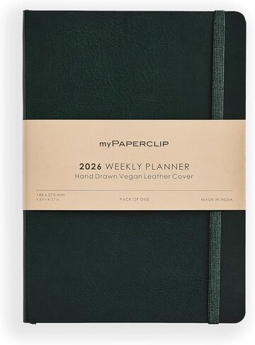 2026 Weekly Planner | Italian Vegan Leather Cover, 192 Pages, 80 GSM, A5 (5.83 x 8.27 in) | Flat Lay | Yearly Calendar, Monthly Overview & Weekly Planner Layout | Green in Kuwait