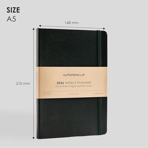 2026 Weekly Planner | Italian Vegan Leather Cover, 192 Pages, 80 GSM, A5 (5.83 x 8.27 in) | Flat Lay | Yearly Calendar, Monthly Overview & Weekly Planner Layout | Green in Kuwait