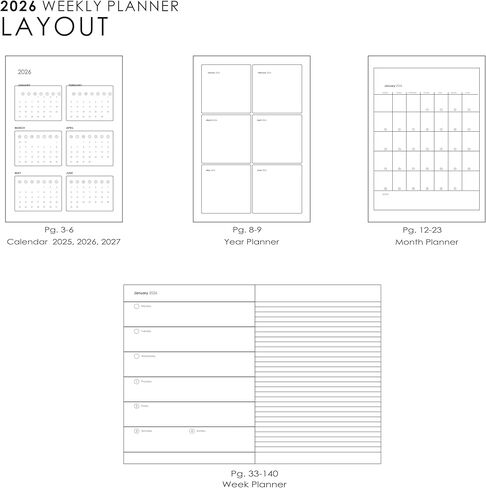 2026 Weekly Planner | Italian Vegan Leather Cover, 192 Pages, 80 GSM, A5 (5.83 x 8.27 in) | Flat Lay | Yearly Calendar, Monthly Overview & Weekly Planner Layout | Green in Kuwait