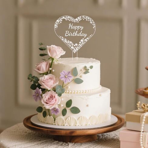 غلاف كعكة عيد ميلاد سعيد من Coucoland - ديكور كعكة أكريليك على شكل قلب مع أحجار الراين المتلألئة واللؤلؤ لمستلزمات الحفلات in Kuwait
