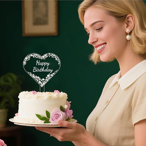 غلاف كعكة عيد ميلاد سعيد من Coucoland - ديكور كعكة أكريليك على شكل قلب مع أحجار الراين المتلألئة واللؤلؤ لمستلزمات الحفلات in Kuwait