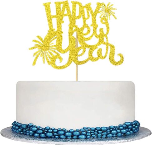Happy New Year Cake Topper, Gold Glitter Cardstock with Fireworks Design in Saudi Arabia