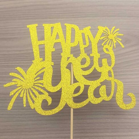 Happy New Year Cake Topper, Gold Glitter Cardstock with Fireworks Design in Saudi Arabia
