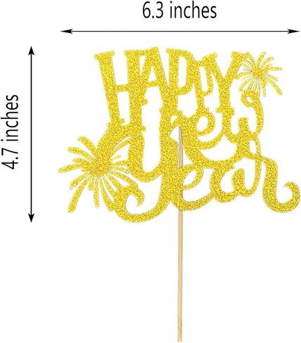 Happy New Year Cake Topper, Gold Glitter Cardstock with Fireworks Design in Saudi Arabia