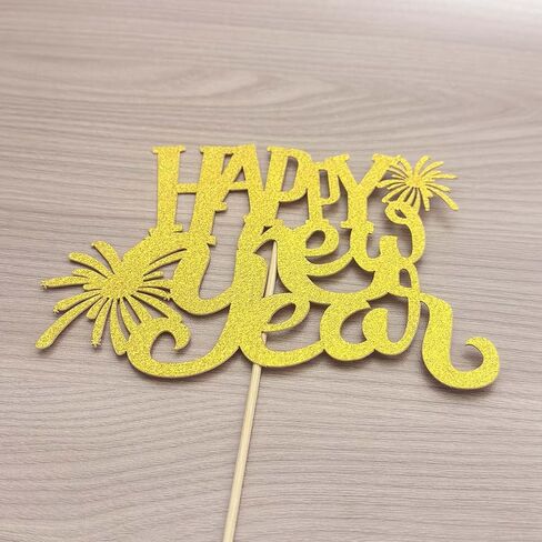 Happy New Year Cake Topper, Gold Glitter Cardstock with Fireworks Design in Saudi Arabia