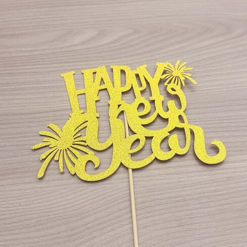 Happy New Year Cake Topper, Gold Glitter Cardstock with Fireworks Design in Saudi Arabia