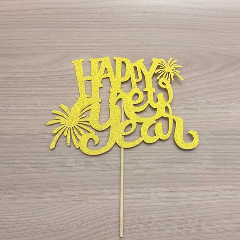 Happy New Year Cake Topper, Gold Glitter Cardstock with Fireworks Design in Saudi Arabia