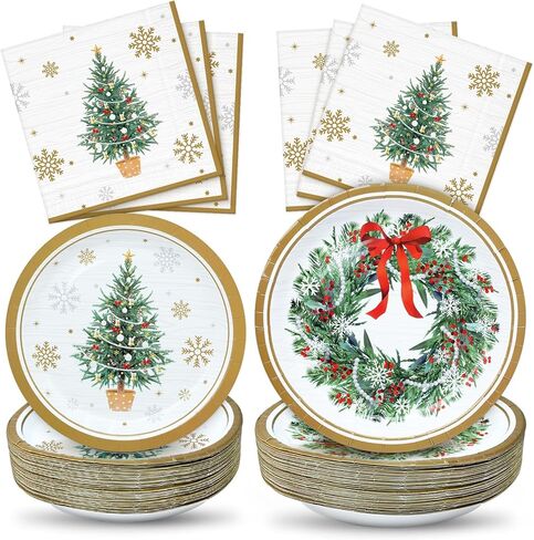 ZVK Christmas Paper Plates and Napkins Set 150 Party Dessert Plates, Dinner Plates, Paper Napkins Disposable Dinnerware for Christmas Party Supplies Green Xmas Tree Tableware in Kuwait