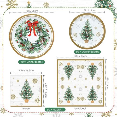 ZVK Christmas Paper Plates and Napkins Set 150 Party Dessert Plates, Dinner Plates, Paper Napkins Disposable Dinnerware for Christmas Party Supplies Green Xmas Tree Tableware in Kuwait