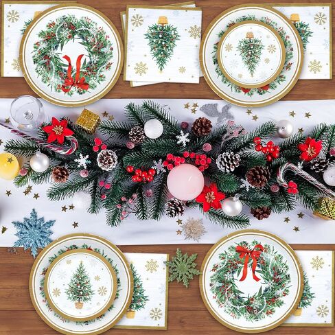 ZVK Christmas Paper Plates and Napkins Set 150 Party Dessert Plates, Dinner Plates, Paper Napkins Disposable Dinnerware for Christmas Party Supplies Green Xmas Tree Tableware in Kuwait