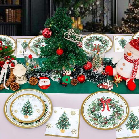 ZVK Christmas Paper Plates and Napkins Set 150 Party Dessert Plates, Dinner Plates, Paper Napkins Disposable Dinnerware for Christmas Party Supplies Green Xmas Tree Tableware in Kuwait