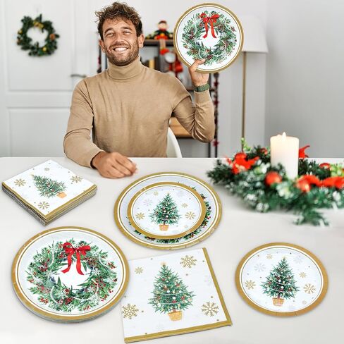 ZVK Christmas Paper Plates and Napkins Set 150 Party Dessert Plates, Dinner Plates, Paper Napkins Disposable Dinnerware for Christmas Party Supplies Green Xmas Tree Tableware in Kuwait