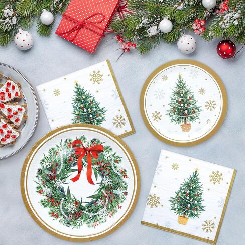 ZVK Christmas Paper Plates and Napkins Set 150 Party Dessert Plates, Dinner Plates, Paper Napkins Disposable Dinnerware for Christmas Party Supplies Green Xmas Tree Tableware in Kuwait