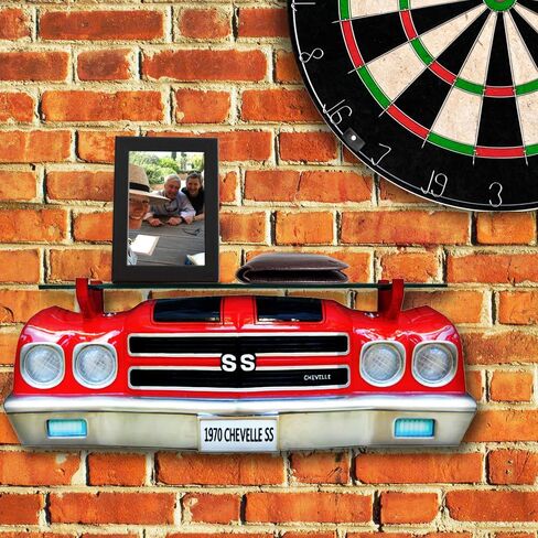 Sunbeltgifts 1970 Chevy Chevelle SS Floating Wall Shelf, Red with Black Stripes, LED Headlights, 19.5x6.7x6.7 inches, Tempered Glass in Saudi Arabia