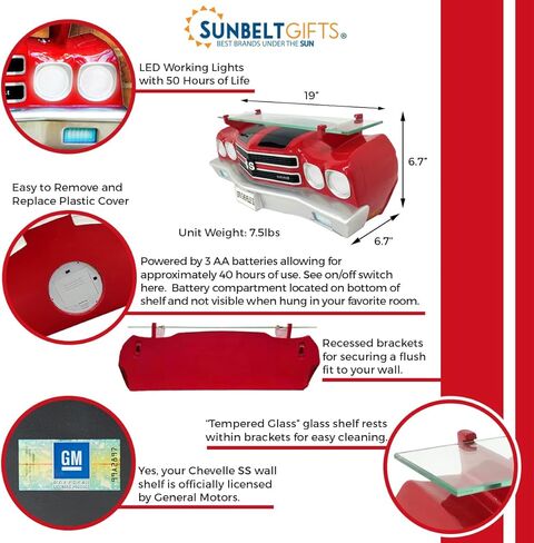 Sunbeltgifts 1970 Chevy Chevelle SS Floating Wall Shelf, Red with Black Stripes, LED Headlights, 19.5x6.7x6.7 inches, Tempered Glass in Saudi Arabia