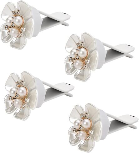 White Pearl Flower Air Vent Clips Bling Rhinestone Floral Car Vent Air Freshener Clips 4Pcs Cute Cars Decorations Interior Large Aesthetic Cars Accessories Flowers Car Décor for Girls Elegant in Saudi Arabia