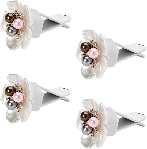 White Pearl Flower Air Vent Clips Bling Rhinestone Floral Car Vent Air Freshener Clips 4Pcs Cute Cars Decorations Interior Large Aesthetic Cars Accessories Flowers Car Décor for Girls Elegant in Saudi Arabia