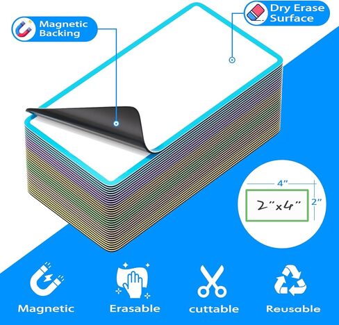 Dry Erase Magnetic Labels - 30PCS 2"x4" Reusable Blank Name Tag Magnets with Marker for Classroom - Colored Write On Strips Stickers for Whiteboard Locker Fridge Shelf Cabinet Accessories in Saudi Arabia