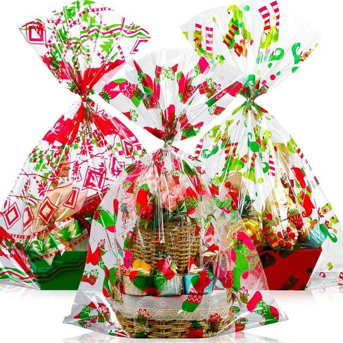 Cholemy 30 Pcs Christmas Gift Basket Bags 19.7" x 27.6" Red and Gold Large Cellophane Goodie Bags Merry Christmas Tree Snowflake Plastic Wrap Bags with Twist Ties for Xmas Crafts Holiday Party Favors in Saudi Arabia