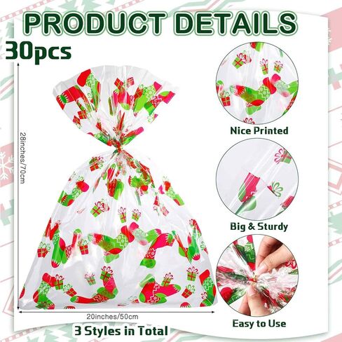 Cholemy 30 Pcs Christmas Gift Basket Bags 19.7" x 27.6" Red and Gold Large Cellophane Goodie Bags Merry Christmas Tree Snowflake Plastic Wrap Bags with Twist Ties for Xmas Crafts Holiday Party Favors in Saudi Arabia