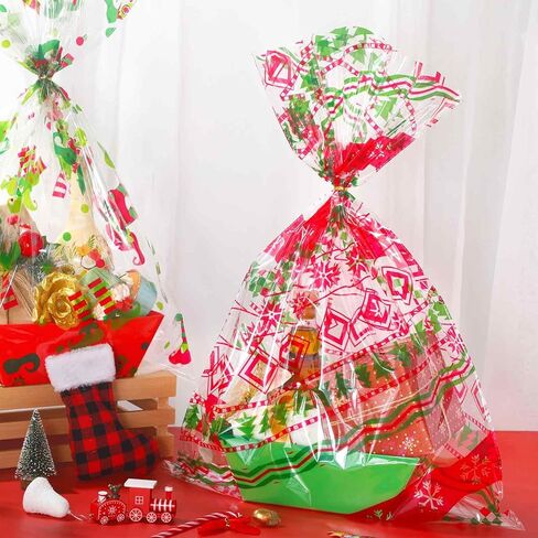 Cholemy 30 Pcs Christmas Gift Basket Bags 19.7" x 27.6" Red and Gold Large Cellophane Goodie Bags Merry Christmas Tree Snowflake Plastic Wrap Bags with Twist Ties for Xmas Crafts Holiday Party Favors in Saudi Arabia
