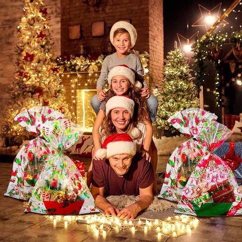 Cholemy 30 Pcs Christmas Gift Basket Bags 19.7" x 27.6" Red and Gold Large Cellophane Goodie Bags Merry Christmas Tree Snowflake Plastic Wrap Bags with Twist Ties for Xmas Crafts Holiday Party Favors in Saudi Arabia