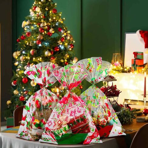 Cholemy 30 Pcs Christmas Gift Basket Bags 19.7" x 27.6" Red and Gold Large Cellophane Goodie Bags Merry Christmas Tree Snowflake Plastic Wrap Bags with Twist Ties for Xmas Crafts Holiday Party Favors in Saudi Arabia