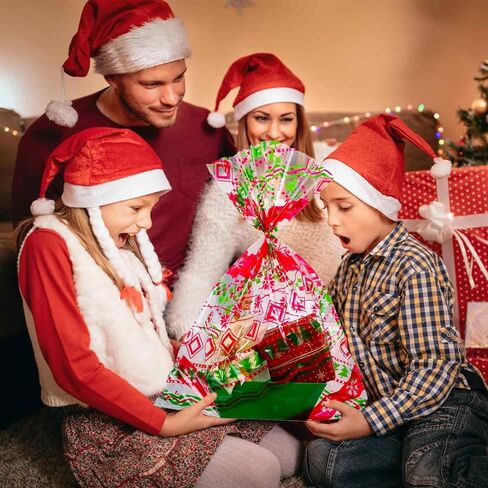 Cholemy 30 Pcs Christmas Gift Basket Bags 19.7" x 27.6" Red and Gold Large Cellophane Goodie Bags Merry Christmas Tree Snowflake Plastic Wrap Bags with Twist Ties for Xmas Crafts Holiday Party Favors in Saudi Arabia