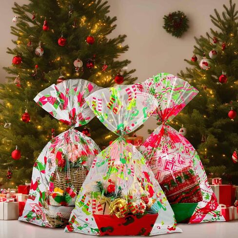 Cholemy 30 Pcs Christmas Gift Basket Bags 19.7" x 27.6" Red and Gold Large Cellophane Goodie Bags Merry Christmas Tree Snowflake Plastic Wrap Bags with Twist Ties for Xmas Crafts Holiday Party Favors in Saudi Arabia
