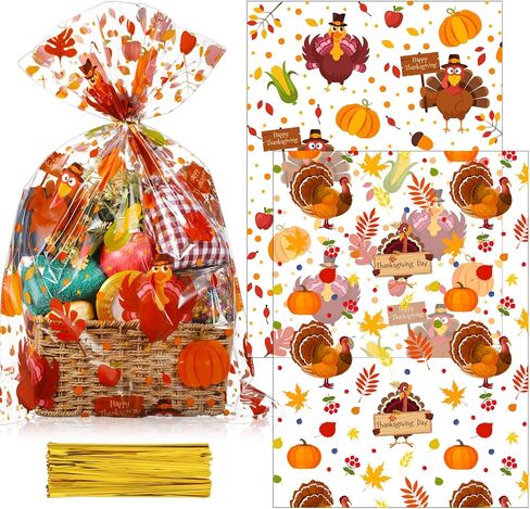 Cholemy 30 Pcs Christmas Gift Basket Bags 19.7" x 27.6" Red and Gold Large Cellophane Goodie Bags Merry Christmas Tree Snowflake Plastic Wrap Bags with Twist Ties for Xmas Crafts Holiday Party Favors in Saudi Arabia