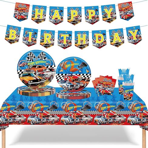 Monster Truck Birthday Decorations Tableware 170pcs Racing Car Theme Party Supplies Set Include Banner, Plates, Plates, Napkins, Cups, Forks, Spoons, Knives and Tablecloth Kit for Serve 24 Guests in Saudi Arabia