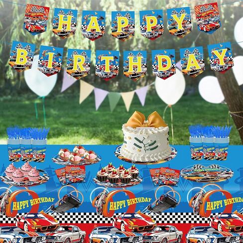 Monster Truck Birthday Decorations Tableware 170pcs Racing Car Theme Party Supplies Set Include Banner, Plates, Plates, Napkins, Cups, Forks, Spoons, Knives and Tablecloth Kit for Serve 24 Guests in Saudi Arabia