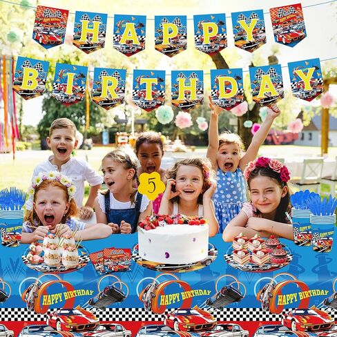 Monster Truck Birthday Decorations Tableware 170pcs Racing Car Theme Party Supplies Set Include Banner, Plates, Plates, Napkins, Cups, Forks, Spoons, Knives and Tablecloth Kit for Serve 24 Guests in Saudi Arabia