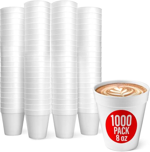 8 Oz Disposable Foam Cups (100 Pack), White Foam Cup Insulates Hot & Cold Beverages, Made in the USA, To-Go Cups - for Coffee, Tea, Hot Cocoa, Soup, Broth, Smoothie, Soda, Juice in Saudi Arabia