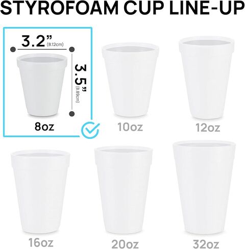 8 Oz Disposable Foam Cups (100 Pack), White Foam Cup Insulates Hot & Cold Beverages, Made in the USA, To-Go Cups - for Coffee, Tea, Hot Cocoa, Soup, Broth, Smoothie, Soda, Juice in Saudi Arabia