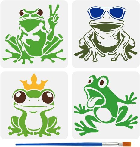 FINGERINSPIRE 4PCS Funny Frogs Stencils with 1Pc Brush 5.9x5.9inch Frog Wearing Sunglasses Stencil Frog Wearing a Crown Stencil Animal Theme Template for Painting on Wall Wood Furniture DIY Home in Saudi Arabia